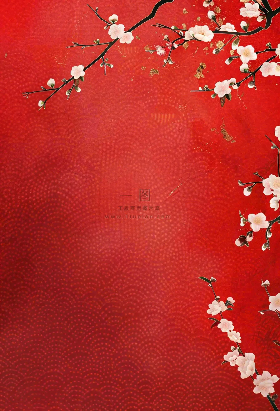红色国风背景梅花花朵插画元旦背景