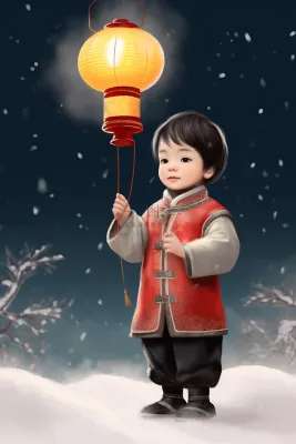 冬天白雪地打着灯笼得中国小孩卡通插画背景