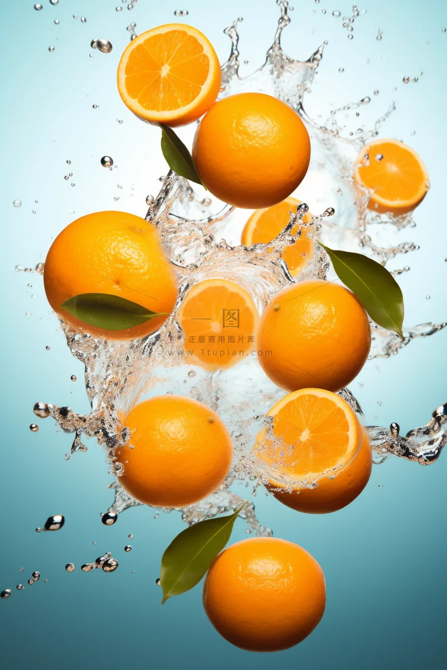橙子掉落水中新鲜水果摄影图