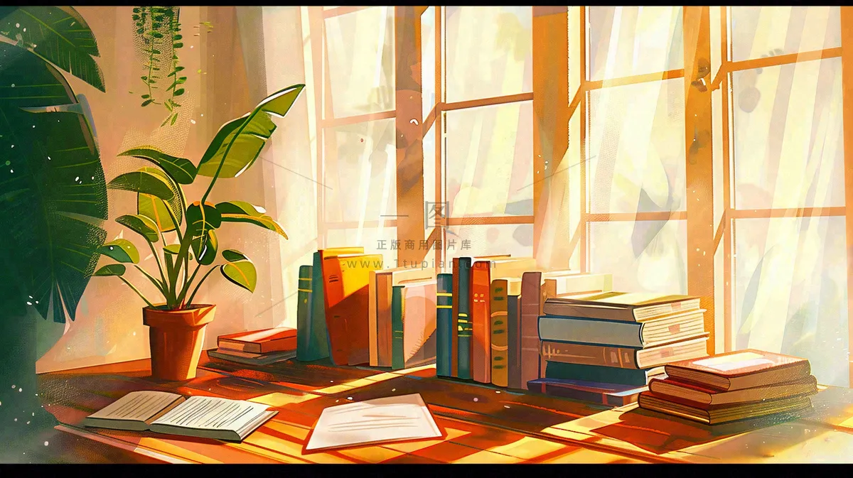 世界读书日窗前书桌书本绿植卡通插画背景