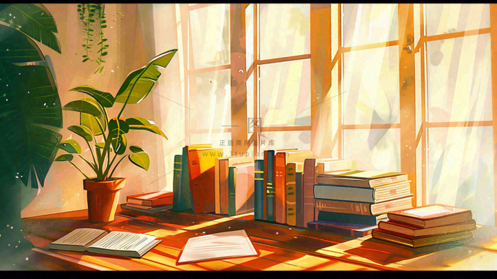 世界读书日窗前书桌书本绿植卡通插画背景 世界读书日窗前书桌书本绿植卡通插画背景