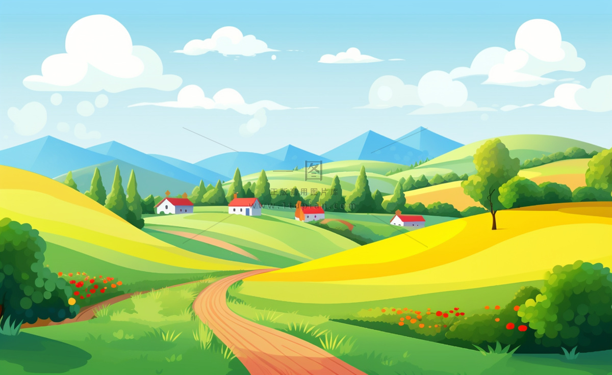 乡村村庄美丽风景河流插画农田插画背景