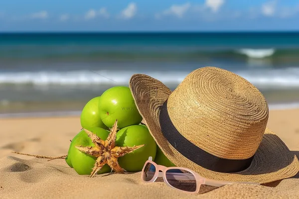 夏日沙滩草帽海边度假摄影图