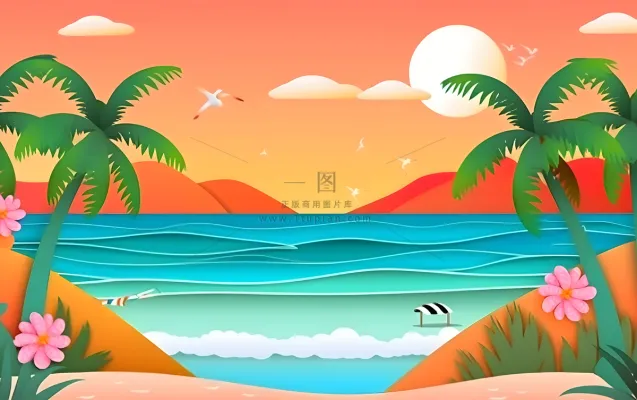 夏日海滩椰子树沙滩椅晚霞背景