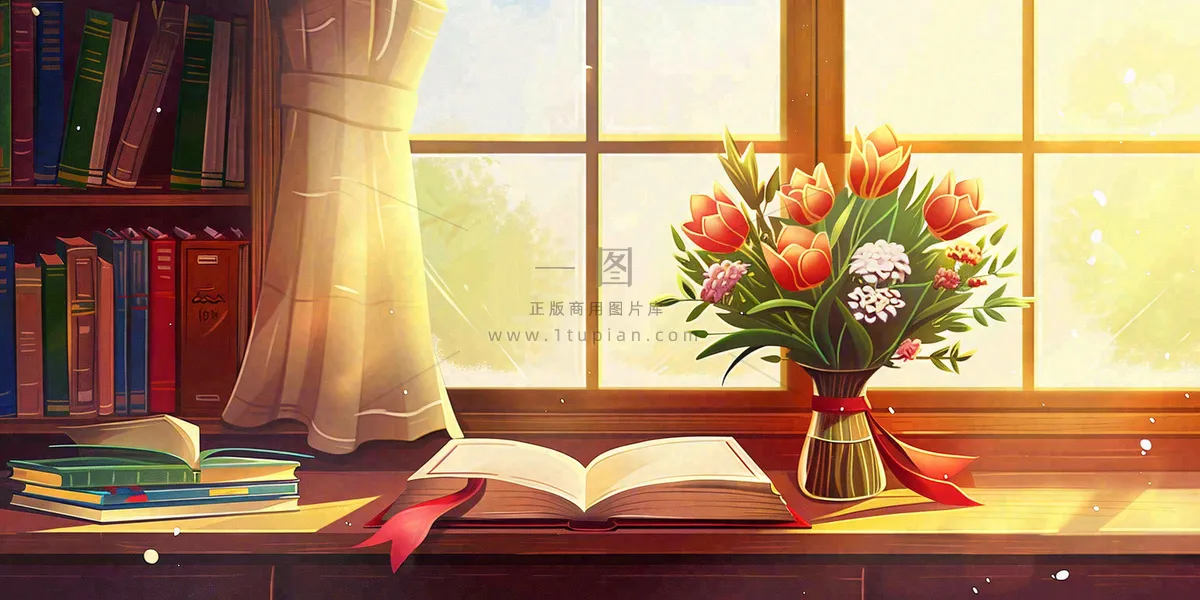 教师节办公桌窗边课本花束温馨唯美插画背景