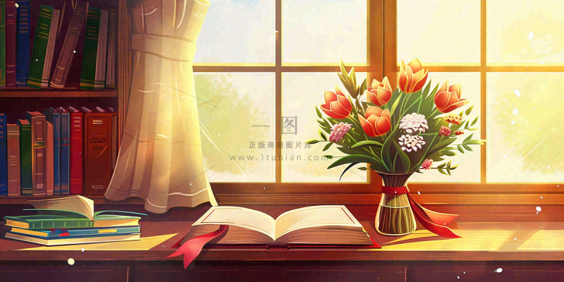 教师节办公桌窗边课本花束温馨唯美插画背景 教师节办公桌窗边课本花束温馨唯美插画背景