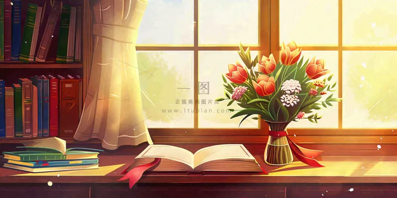 教师节办公桌窗边课本花束温馨唯美插画背景 教师节办公桌窗边课本花束温馨唯美插画背景