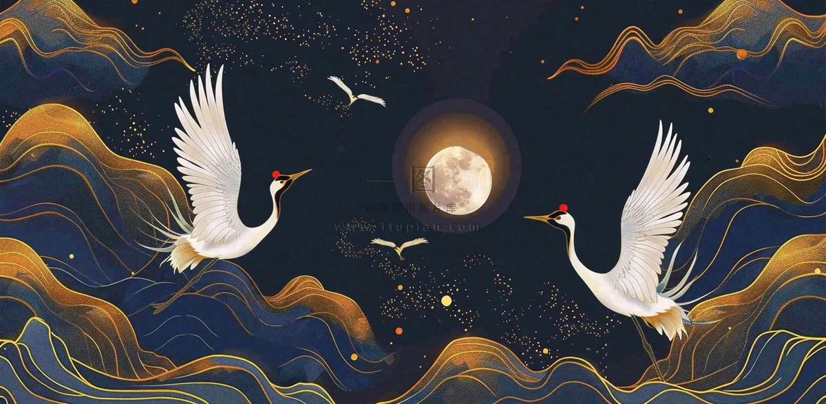 国潮山水中国风手绘祥云仙鹤插画古风唯美山水风景动物蓝金背景
