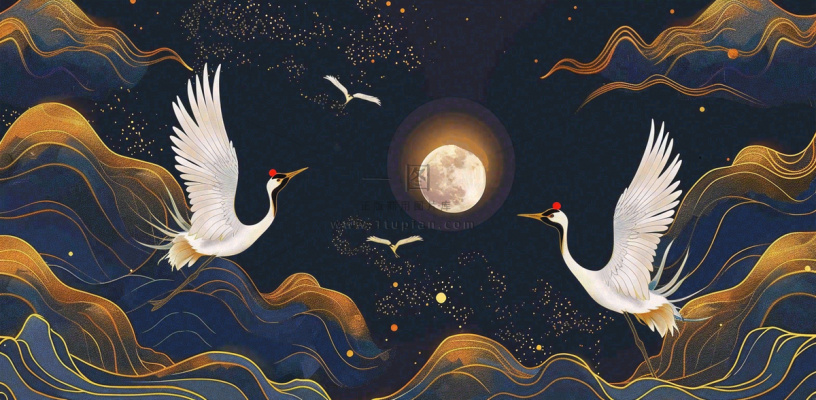 国潮山水中国风手绘祥云仙鹤插画古风唯美山水风景动物蓝金背景 国潮山水中国风手绘祥云仙鹤插画古风唯美山水风景动物蓝金背景
