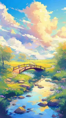 春天草坪河流小溪蓝天白云清新阳光手绘插画，立春春分