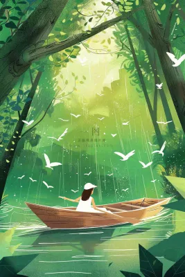 绿色森林少女划船春光波光闪烁春分插画卡通手绘处暑 绿色森林少女划船春光波光闪烁春分插画卡通手绘处暑