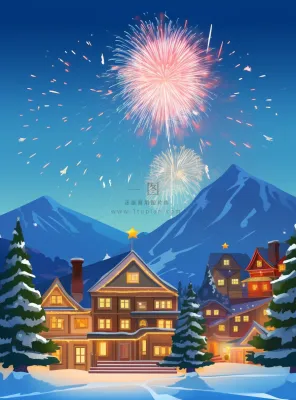 冬季雪天圣诞小镇烟花夜晚节日氛围卡通插画背景