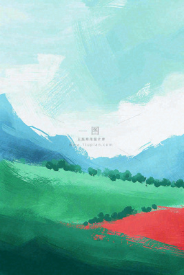 春天郊外绿地草地山脉石头插画手绘，惊蛰春分