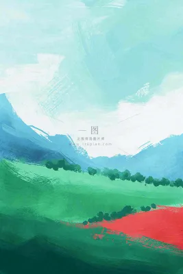 春天郊外绿地草地山脉石头插画手绘，惊蛰春分