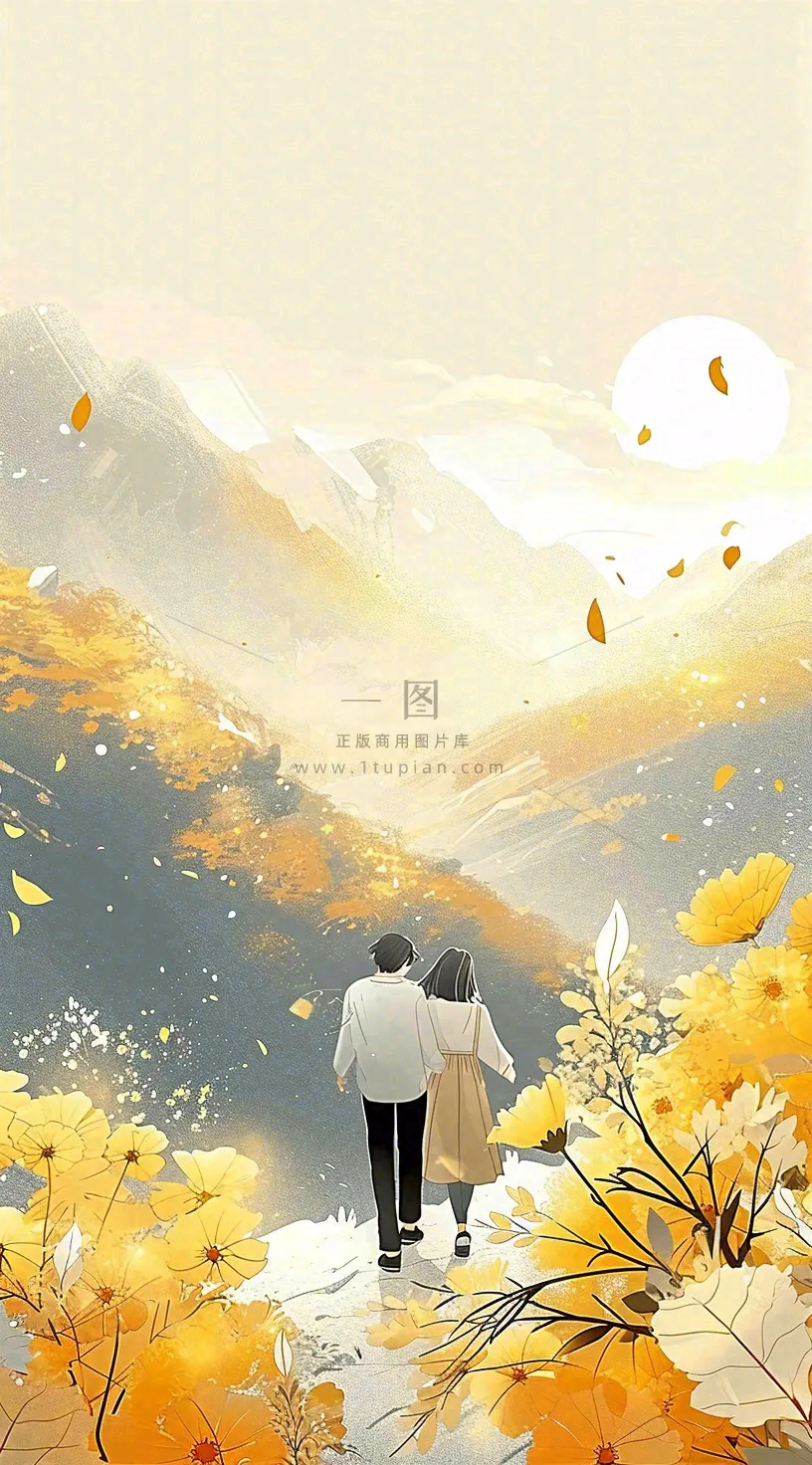 老人相伴到老,菊花黄色花朵,落日山脉