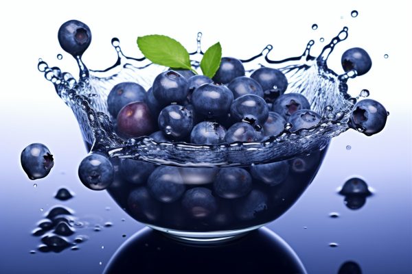 清洗蓝莓掉落水中水花四溅摄影图