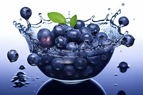 清洗蓝莓掉落水中水花四溅摄影图