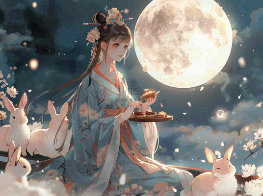 中秋节嫦娥玉兔月下嫦娥手捧月饼插图卡通唯美手绘可爱古风插画壁纸背景