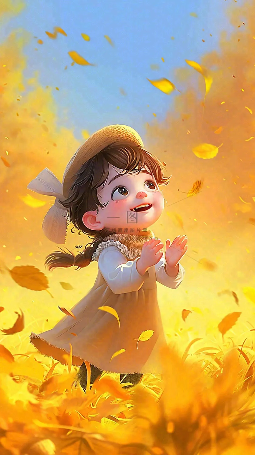 秋天温馨秋叶可爱少女插画,秋分小麦
