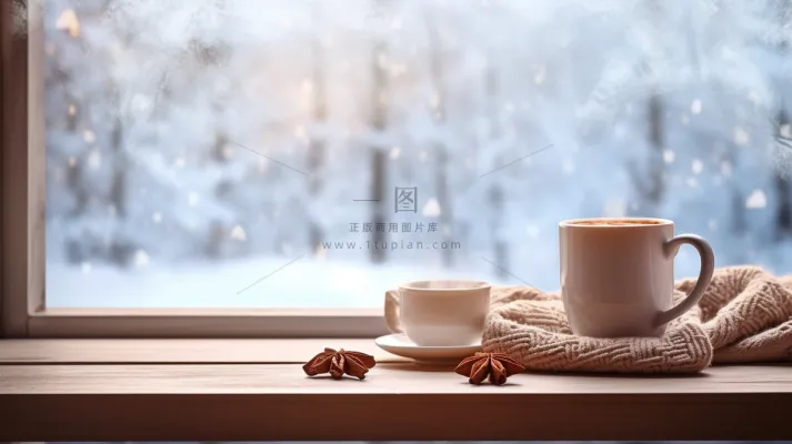 冬季窗外下雪白雪飘窗喝咖啡温暖毛衣摄影图