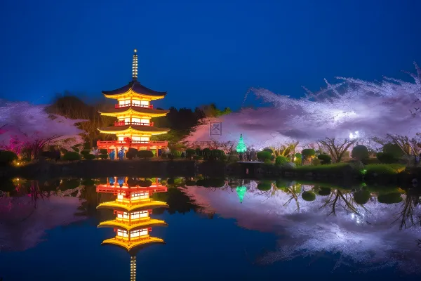 公园夜景发光的宝塔倒映在湖水里摄影图