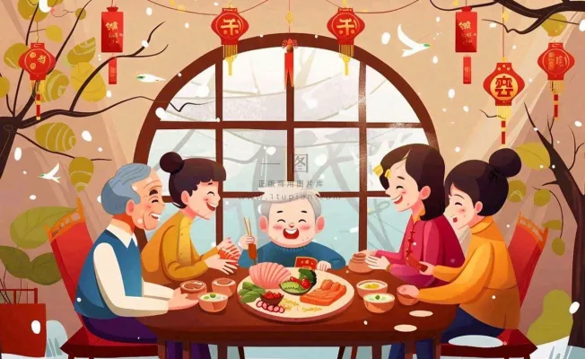 新年春节除夕夜一家人团圆饭节日团聚温馨温暖卡通插画背景