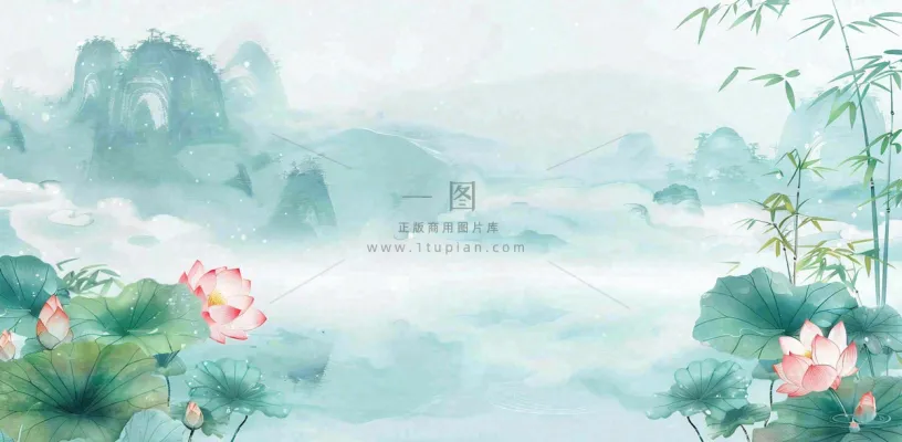 绿色荷花荷叶山水船立夏天夏至中式手绘风景中国风国画大暑小暑插画背景