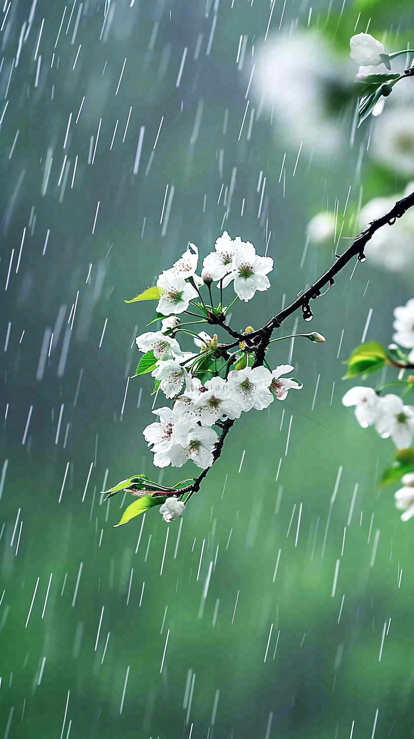 春天白色花朵枝叶在雨中,新鲜绿叶鲜花,雨水谷雨摄影图