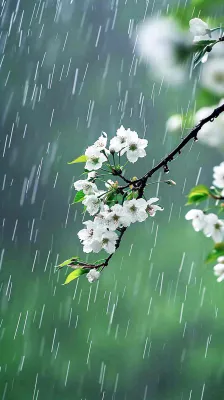 春天白色花朵枝叶在雨中,新鲜绿叶鲜花,雨水谷雨摄影图 春天白色花朵枝叶在雨中,新鲜绿叶鲜花,雨水谷雨摄影图