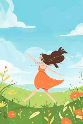蓝天白云草坪翩翩起舞的小女孩儿童节卡通插画背景 蓝天白云草坪翩翩起舞的小女孩儿童节卡通插画背景