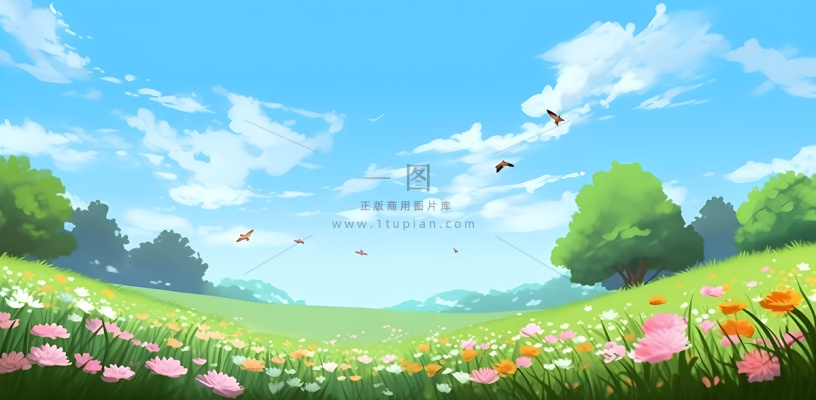 春天蓝天白云草原绿色树草地手绘插画海报素材背景