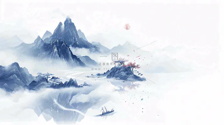 山水画简约白色河面插画手绘,中国风古风 山水画简约白色河面插画手绘,中国风古风
