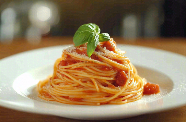 美味的意大利面番茄奶油意面罗勒叶美食摄影图