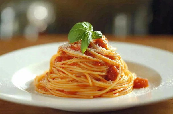 美味的意大利面番茄奶油意面罗勒叶美食摄影图