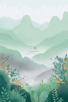 青绿山脉树木小草扁平插画手绘