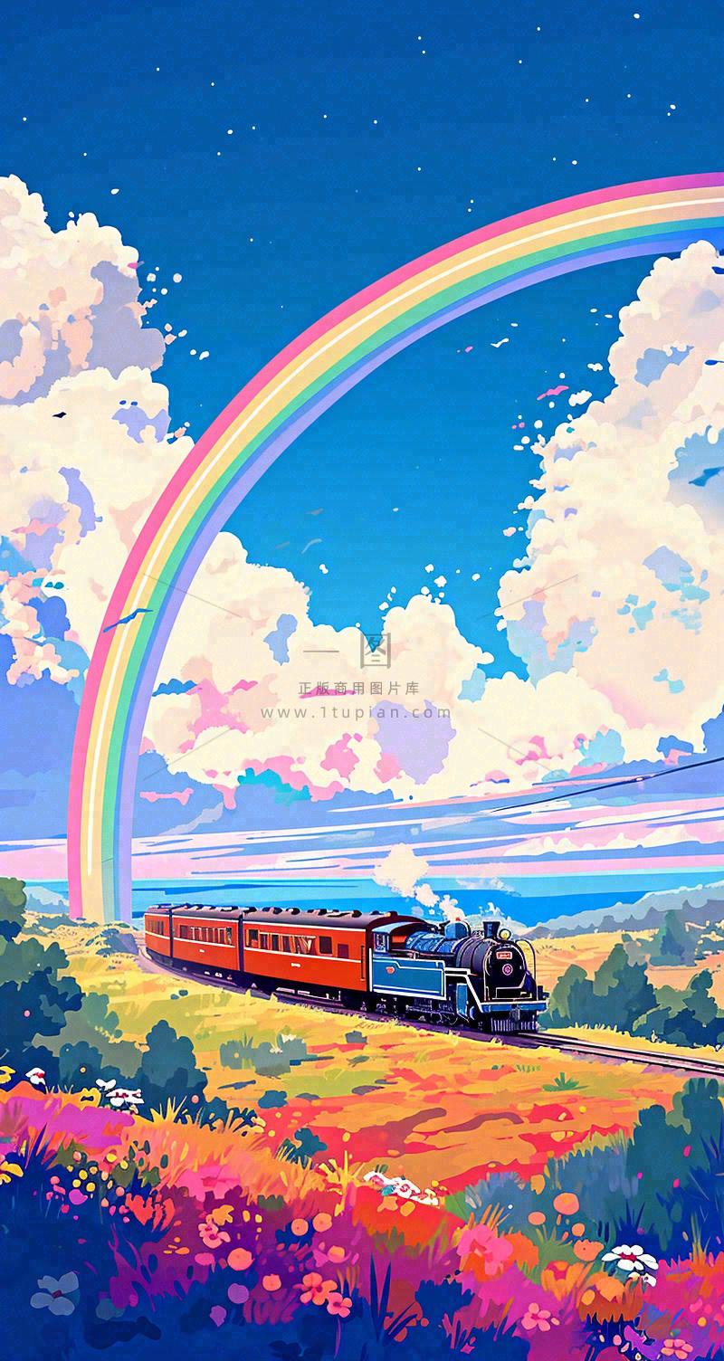 彩色绚丽彩虹蓝天白云铁路火车动车手绘插画