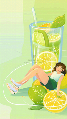 夏天创意冰饮女孩水果茶清凉插画立夏夏至背景