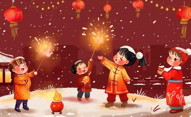 卡通新年除夕夜孩童放烟花鞭炮团聚喜庆春节插画过年背景 卡通新年除夕夜孩童放烟花鞭炮团聚喜庆春节插画过年背景