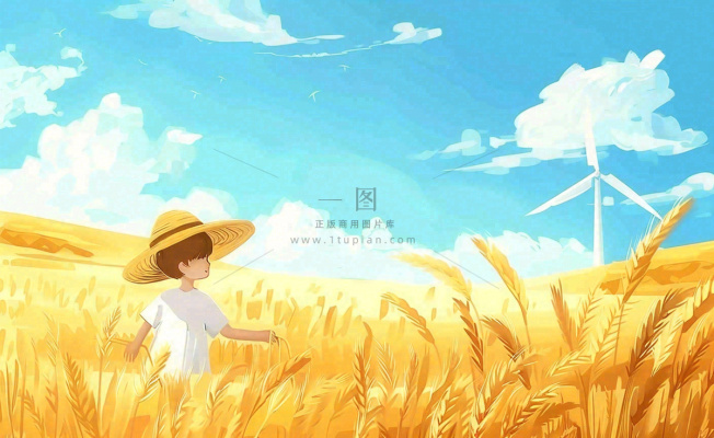 金秋秋天丰收麦田风车男孩人物小麦稻穗立秋秋分处暑芒种卡通插画背景