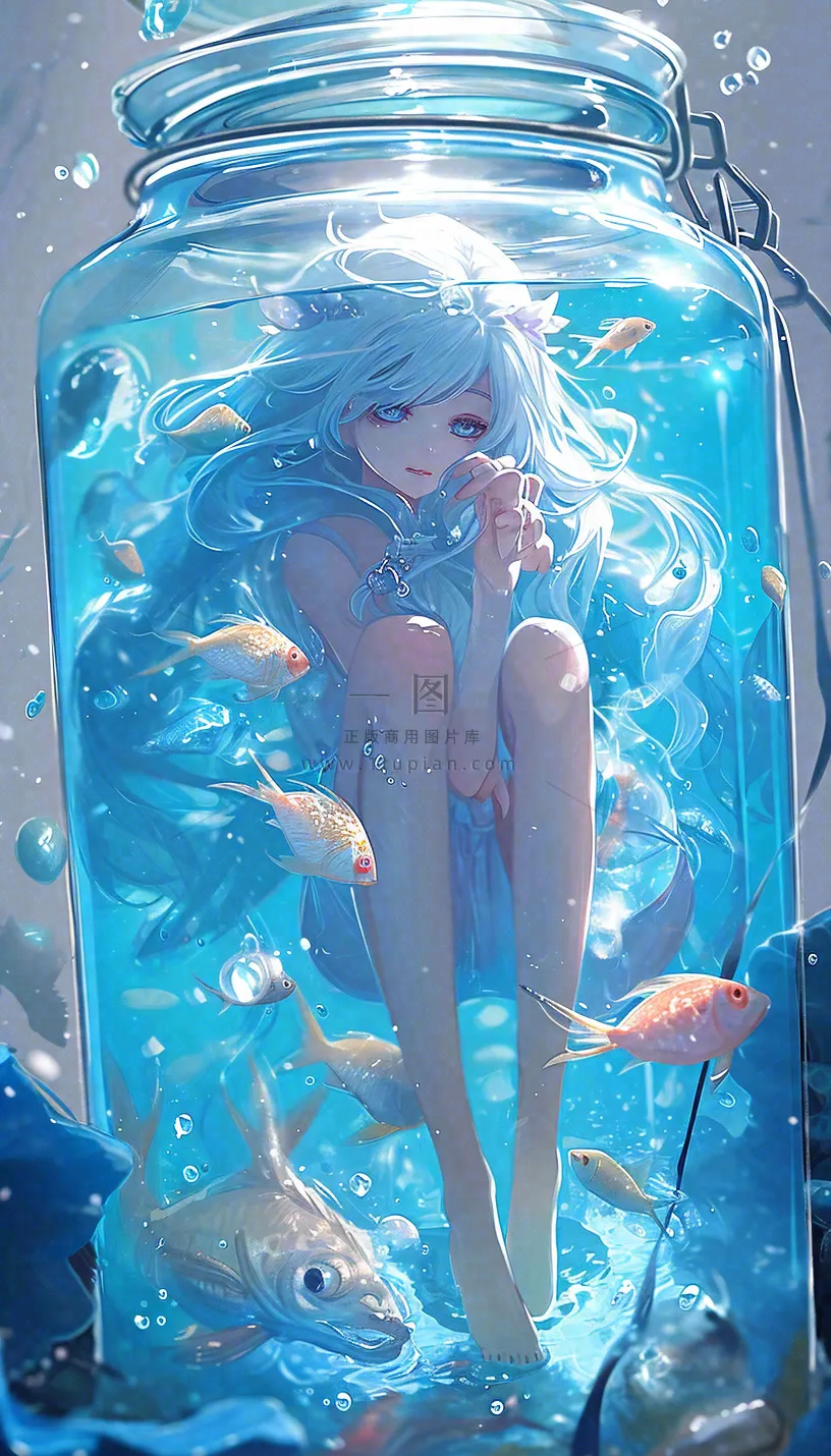 漫画少女海底瓶罐金鱼水面鱼类游泳插画手绘