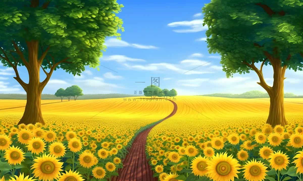 阳光明媚的天气里以树木为背景的向日葵田插画背景