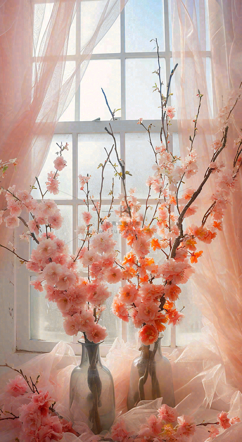 春天窗台花瓶粉色鲜花花束,春分