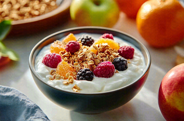 水果燕麦酸奶草莓蓝莓食物饮品摄影图