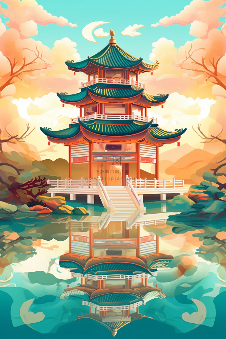 国潮夏天锦鲤唯美风景插画