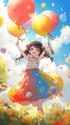 一个可爱的小女孩手里牵着彩色气球在草地上奔跑夏天,儿童节 一个可爱的小女孩手里牵着彩色气球在草地上奔跑夏天,儿童节