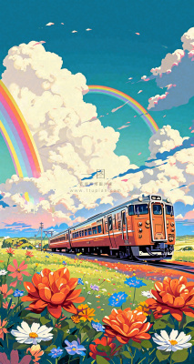 蓝天白云户外铁路草地彩虹手绘,色彩缤纷 蓝天白云户外铁路草地彩虹手绘,色彩缤纷