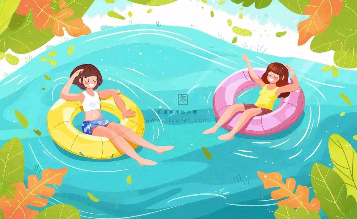 夏天游泳泳池人物游泳女孩蓝色背景泳圈夏日运动立夏大暑小暑夏至卡通插画背景