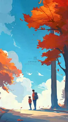 秋天红色秋叶树落叶温馨自然风景，立秋手绘插画