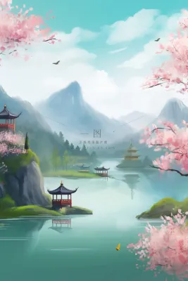 浪漫古风山水风景插画背景 浪漫古风山水风景插画背景