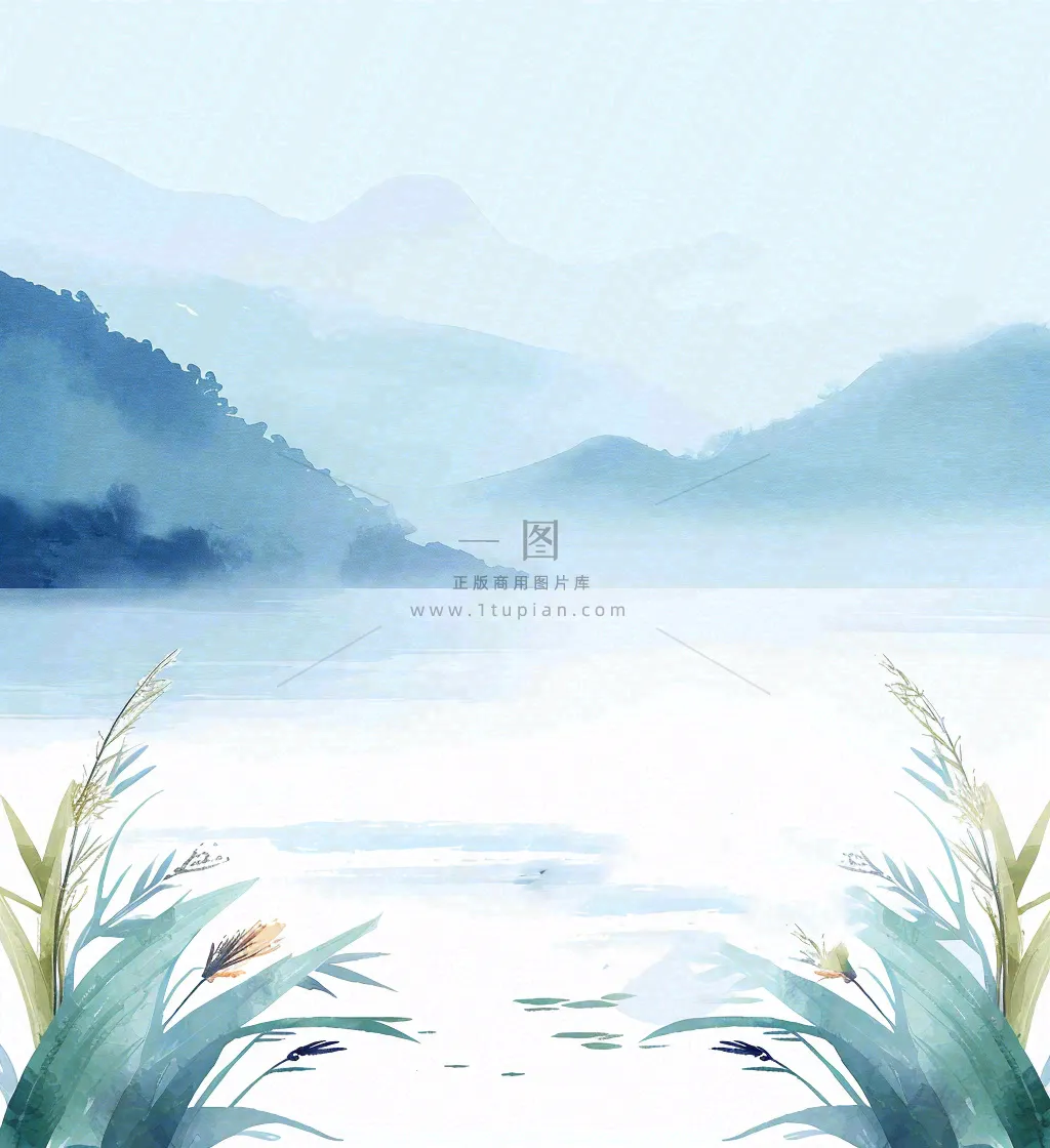 中国风意境湖面山脉云层山水画插画
